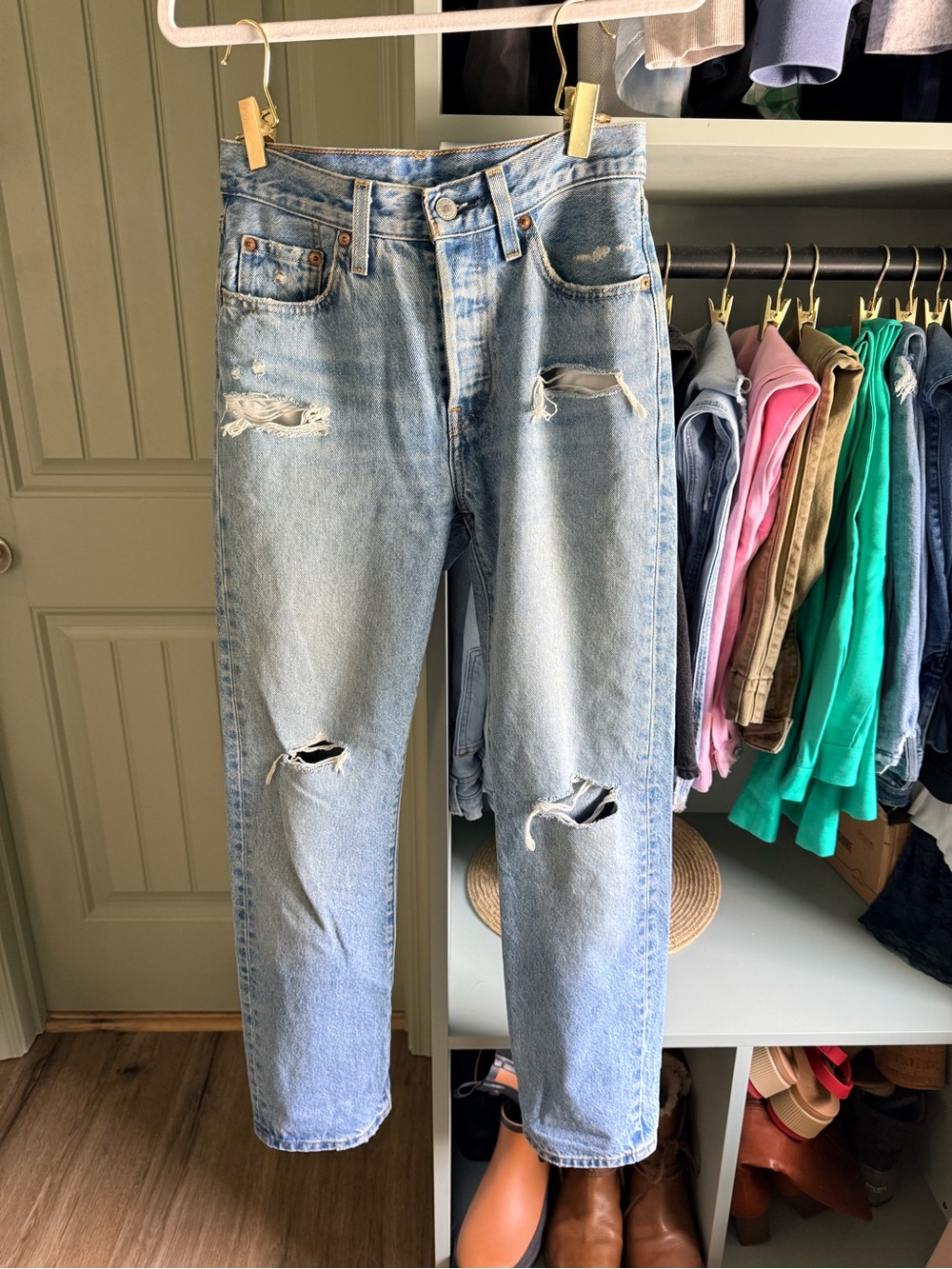 Levi 501 Light Blue Distressed Straight Leg Jeans